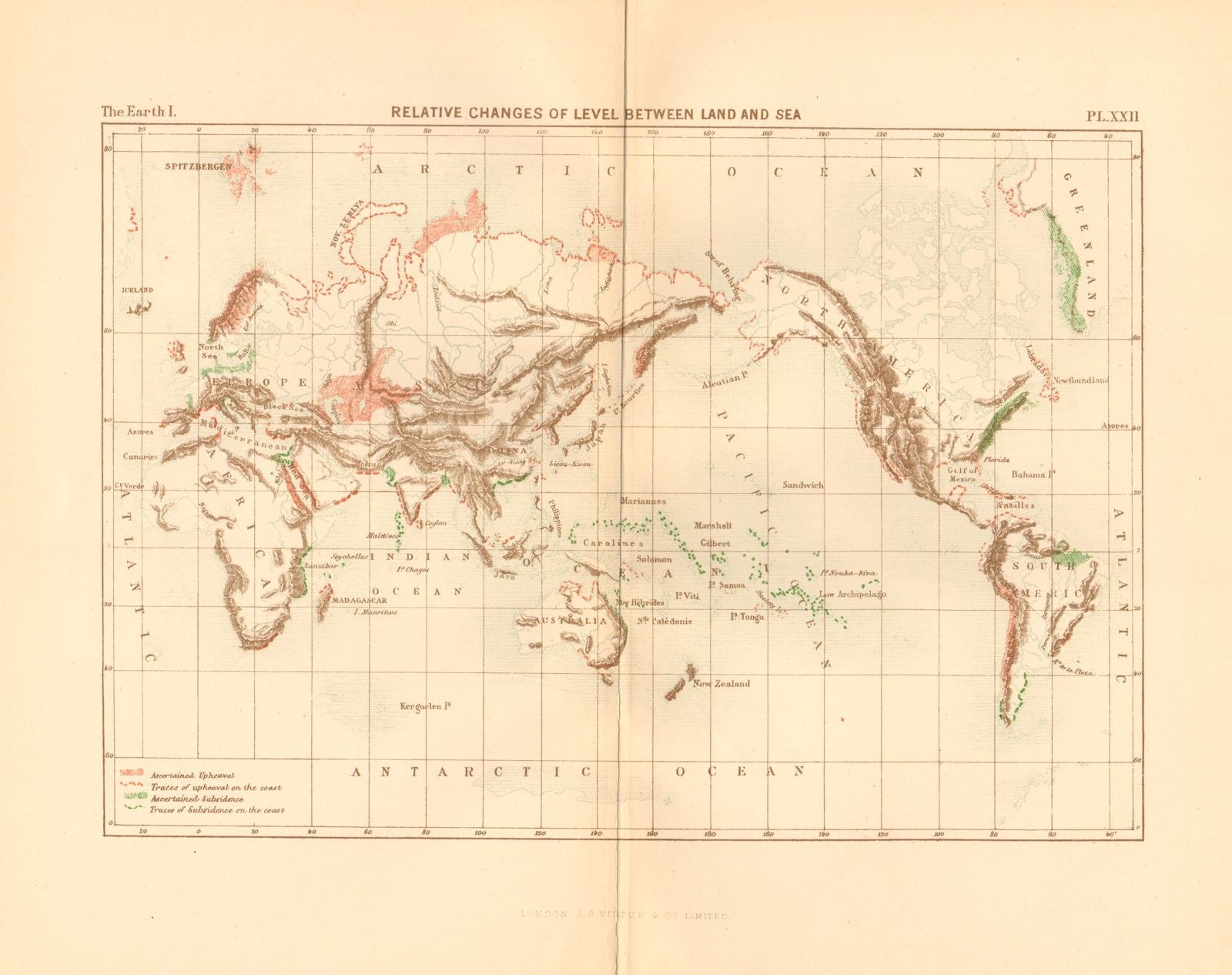 Relative Changes of Level Between Land and Sea. World 1886 old antique map